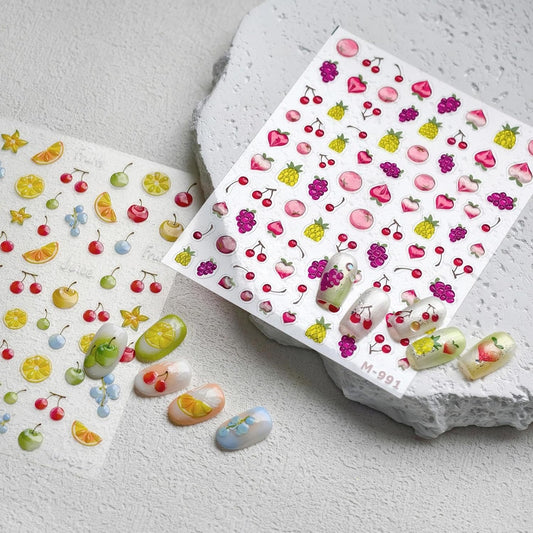 5D Embossed Fruit Nail Stickers Purple Grapes Nail Designs 3D Self-Adhesive Pineapple Lemon Nail