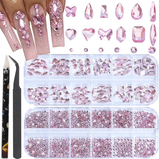 Nail Rhinestones - 3D Multi Shape Size, Flat Back, Manicure Rhinestones Charms, Crystal Pink Gems