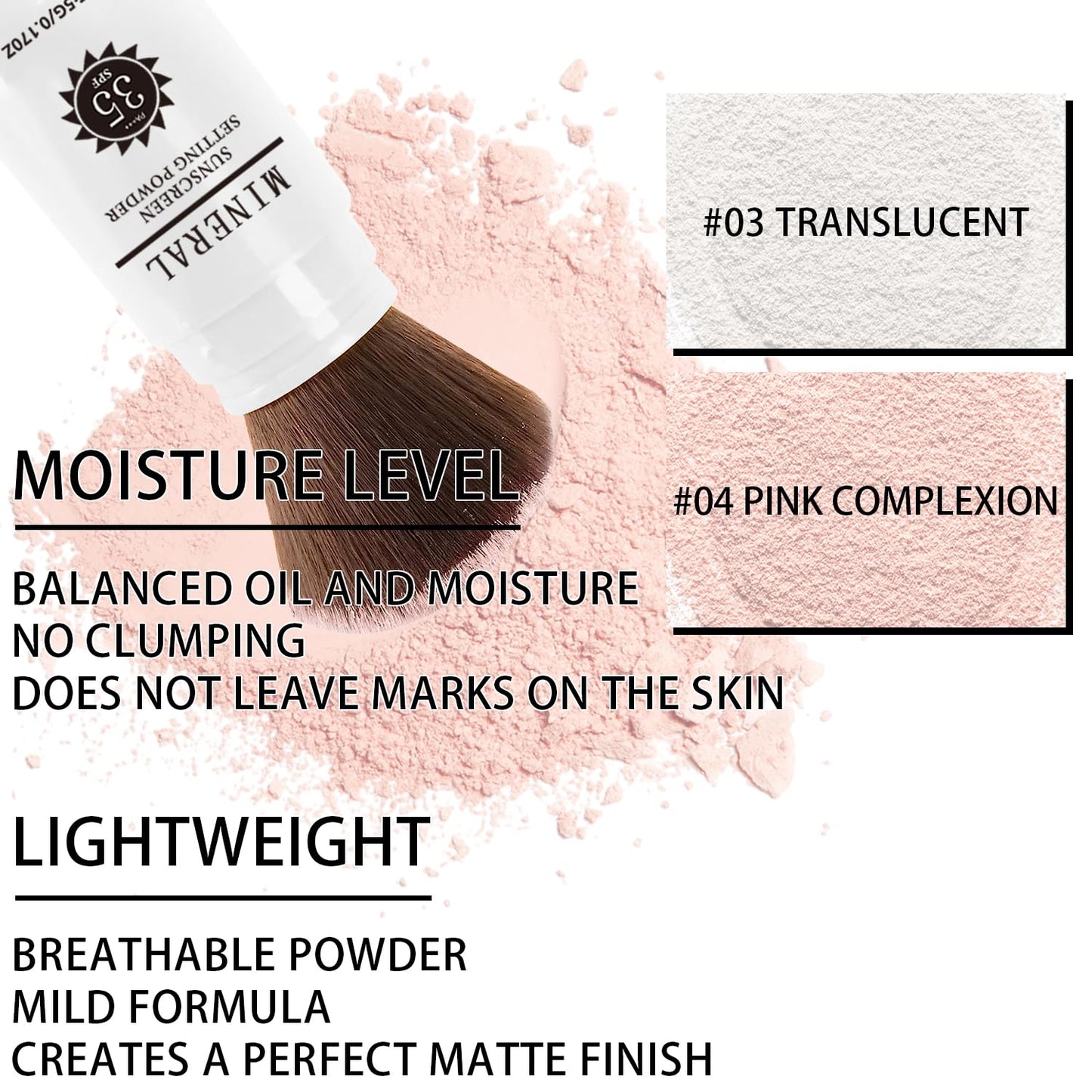 Sunscreen Setting Powder SPF 35, Mineral Brush Powder for Face & Scalp, Oil Control Natural Matte Finish Loose Powder Translucent Lasting Lightweight Breathable for All Skin (03# White)