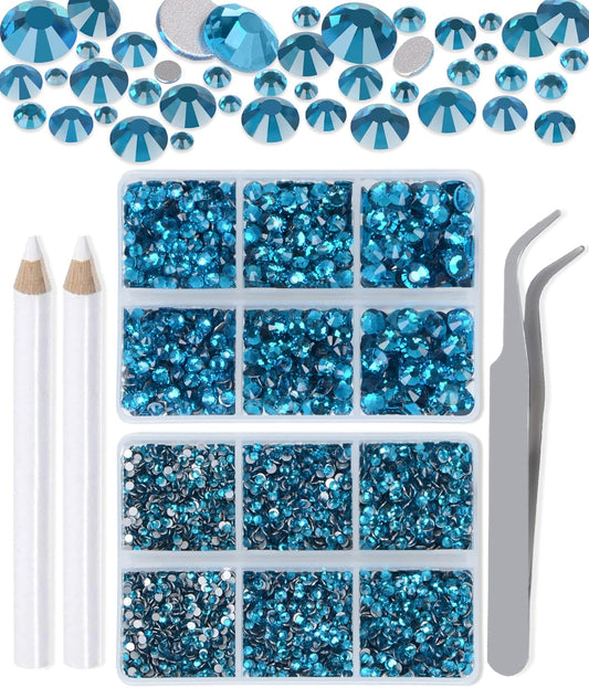 LPBeads 6000 Pieces Peacock Blue Zircon Non Hotfix Rhinestones 6 Sizes Round Crystal Glass Flat