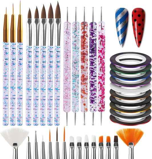 Artdone 38Pcs Nail Striping Tape Lines Kit With Nail Art Pens Dotting Tools And Liner Brushes For