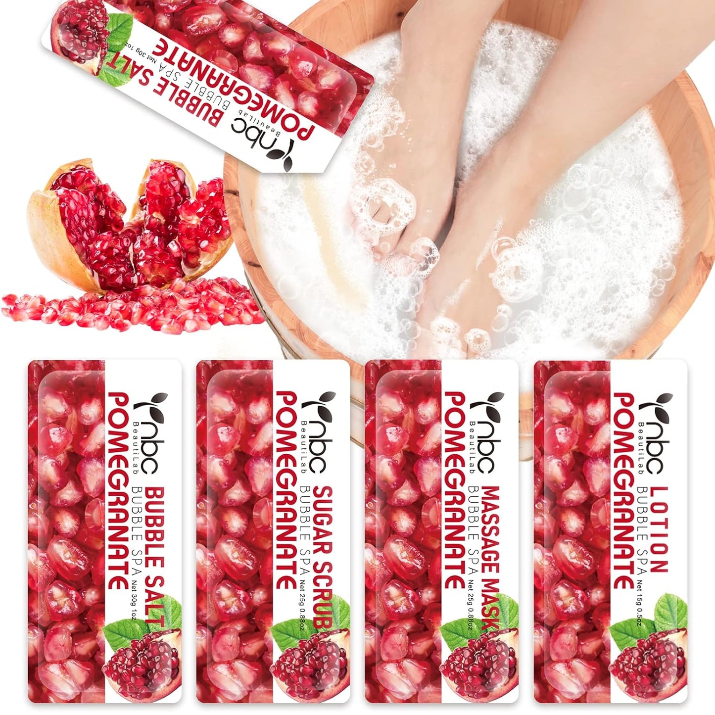 Pedicure Kit Foot Soak Set: Bubble Salt, Sugar Scrub, Massage Mask, Massage Lotion in a Box, 4 Step Foot Spa Kit for Dry Feet,Tired Feet (1 Set Pomegranate)
