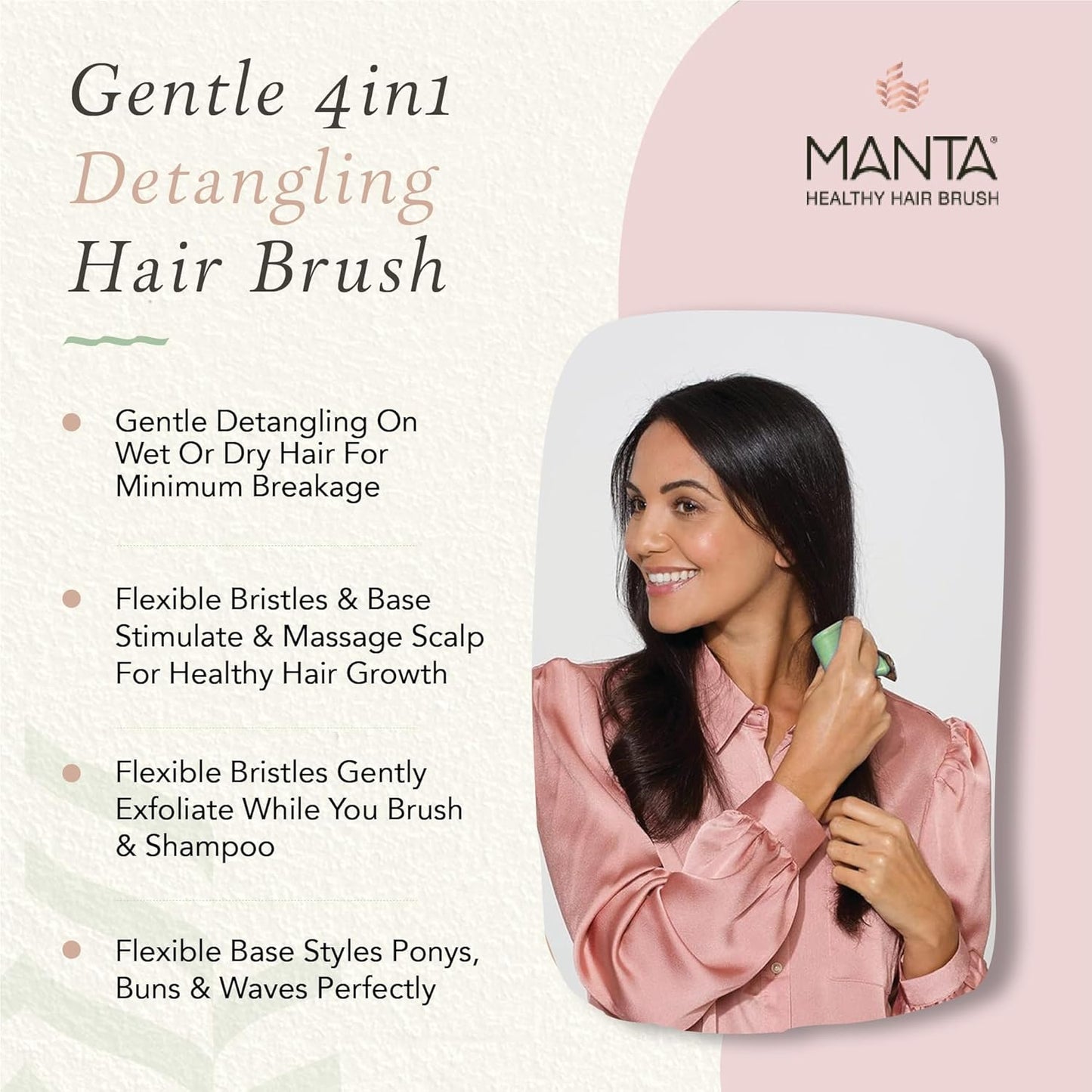 Manta Original Anti-Breakage Hairbrush – Gentle Detangling Brush for Wet & Dry Hair, Flexible Hairbrush for All Types, Healthy Hair Care for Women & Men, Pink