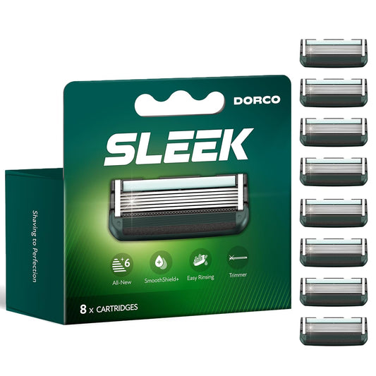 DORCO SLEEK Six Blade Razor System with Multi-Flex Technology Refill Set, Precision Shaving Razor Replacement Cartridge (8 Pack)