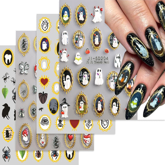 Retro Halloween Nail Art Stickers Decals Pumpkin Spider Nails Sticker 5D Embossed Spider Ghost