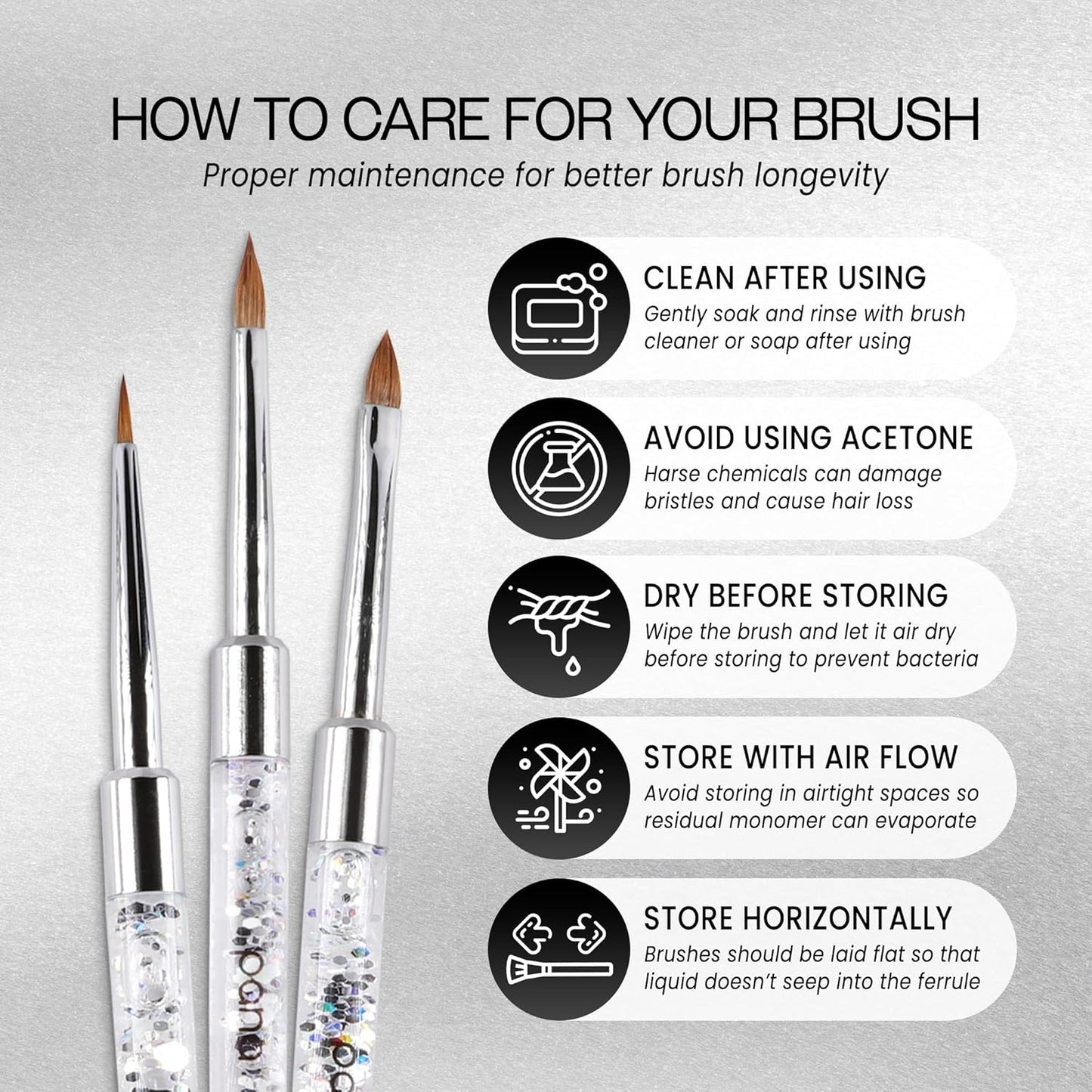 PANA 3D Kolinsky Nail Art Brush - Silver Glitter Handle, Size 5 - Acrylic Nail Art Sculpture Brush for Manicures Pedicure Salon Professional or Beginner