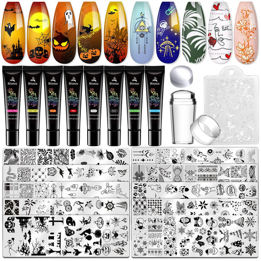 Biutee Gel Nail Stamping Kit with 8 Colors Nail Stamping Polish Gel Nail Stamping Plates 10PCS Nail