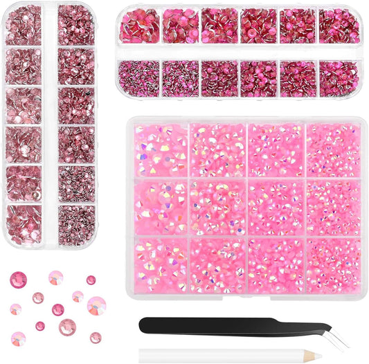 Morcheiong 17000Pcs Resin Rhinestones Pink Flatback Crystals Diamond Includes Tweezers and Pickup