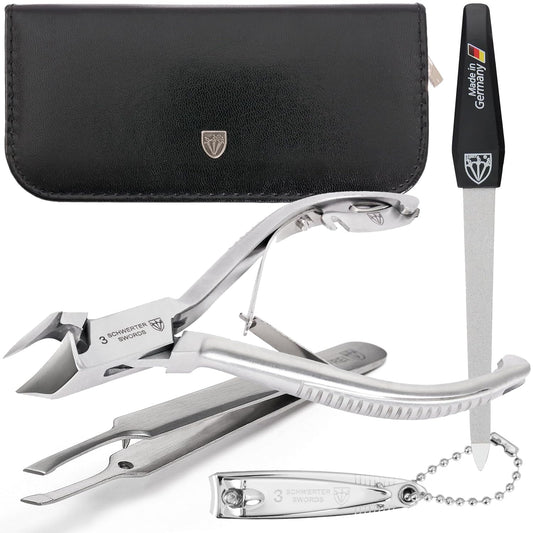 3 Swords Germany - Brand Quality Professional Toe Nail Nipper Set Stainless Steel INOX Wave Nipper, Head Cutter, Nail File Finger Clipper, Tweezers with case for ingrown Toe Nails by 3 Swords (202)