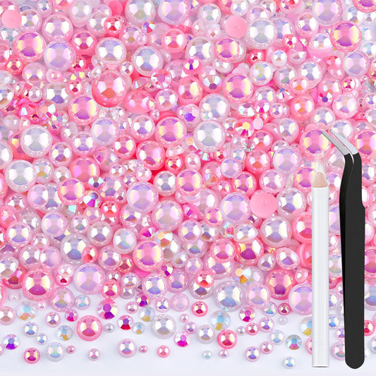 80g Flatback Pearls and Rhinestones for Bedazzling, Pink White Mixed Size 3-10mm Resin Rhinestones