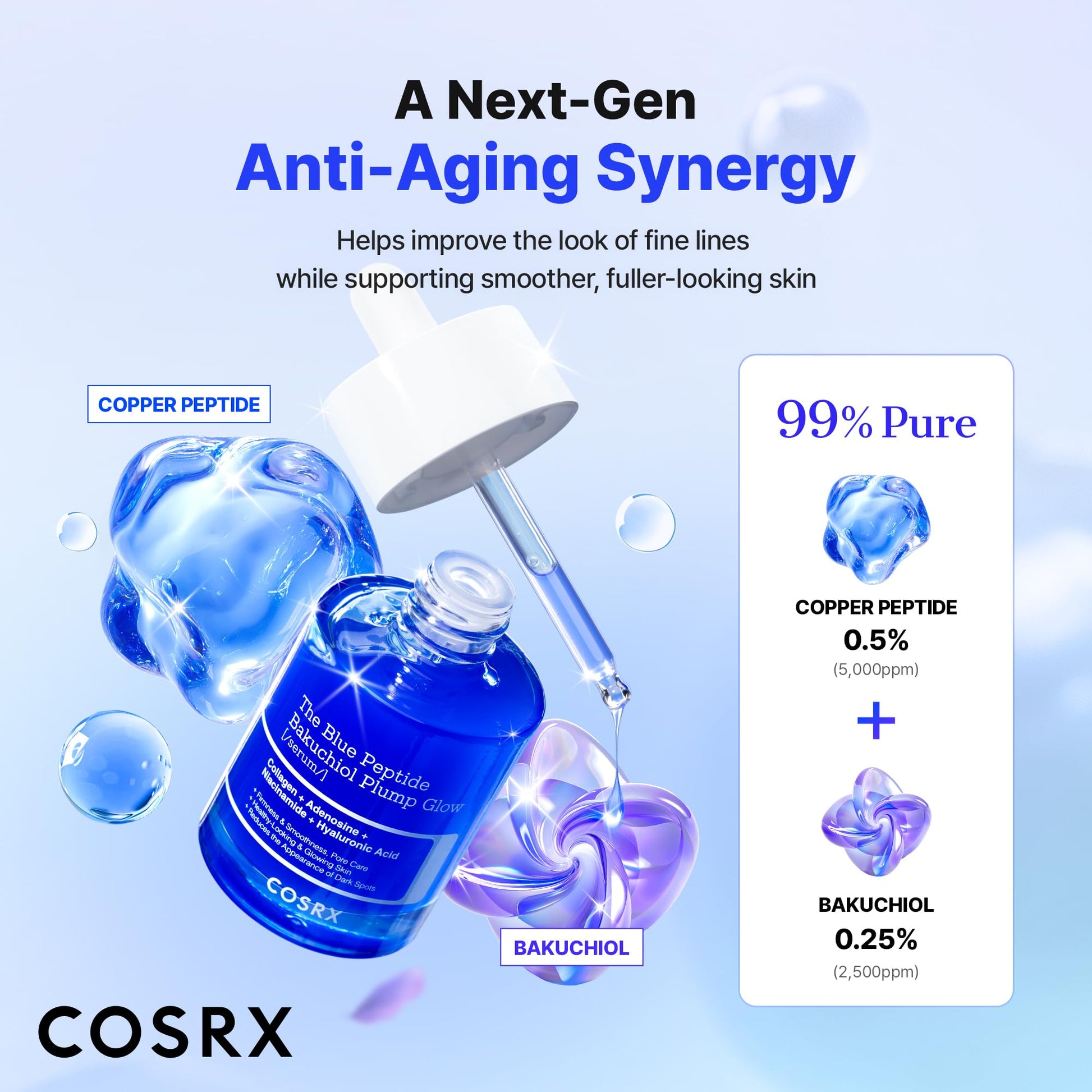 COSRX The Blue Copper Peptide Bakuchiol Serum, Glow & Plumping, 1.69 Fl Oz