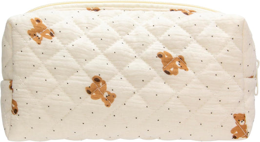 PAZIMIIK Vintage Quilted Makeup Bag Cosmetic Pouch for Brushes Pencils and Travel Make Up Accessories for Women and Girls Bear Beige