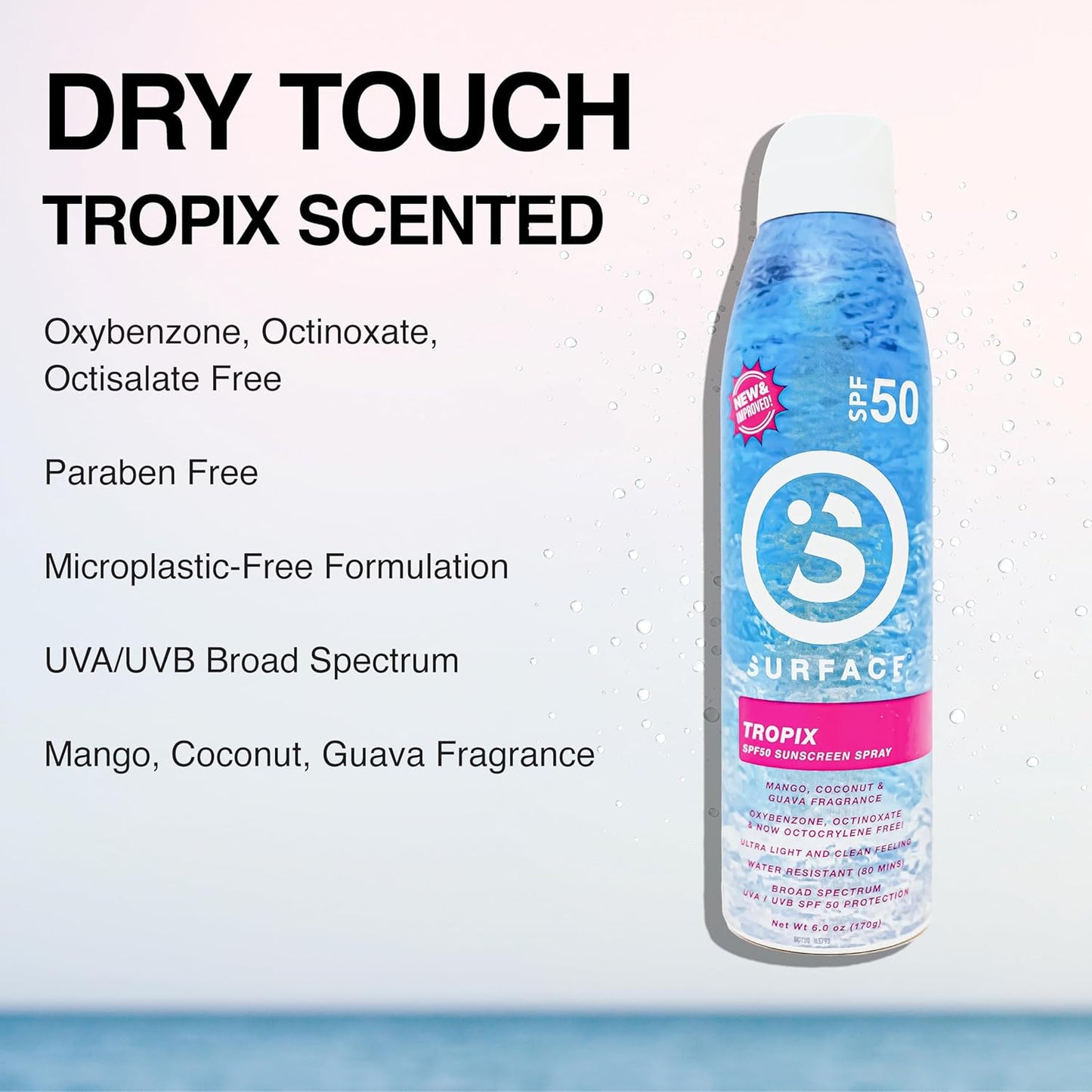 Surface Sunscreen Spray SPF 50 for Body, Lightweight Natural Formula, Reef Friendly, Broad Spectrum UVA UVB Protection, Water Resistant Sun Care for 80 Minutes Outdoor Use, Tropical Scent, 6oz
