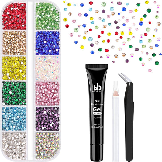 4200Pcs Small Glass Crystal Rhinestones for Nail Art with 15ML Nails Rhinestone Glue, Colorful