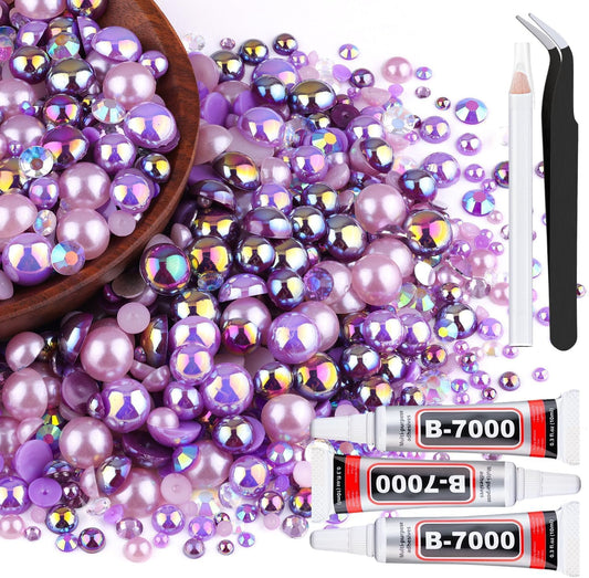 80g Flatback Pearls and Rhinestones for Crafting, Purple 3-10mm Resin Rhinestones and Half Pearls