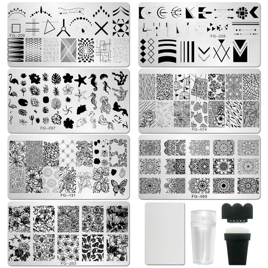 AddFavor Nail Stamper Kit 7pcs Nail Stamping Plates Flower Geometric Mandala Animal Image Nail
