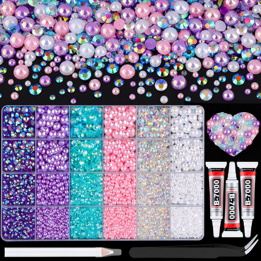 9000Pcs Flatback Pearls and Rhinestones for Crafting, Pink Purple White Mixed Size 3-8mm Resin