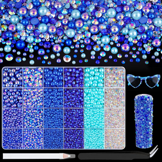 9000Pcs Flatback Pearls and Rhinestones for Crafting, Blue Series Mixed Size 3-8mm Resin
