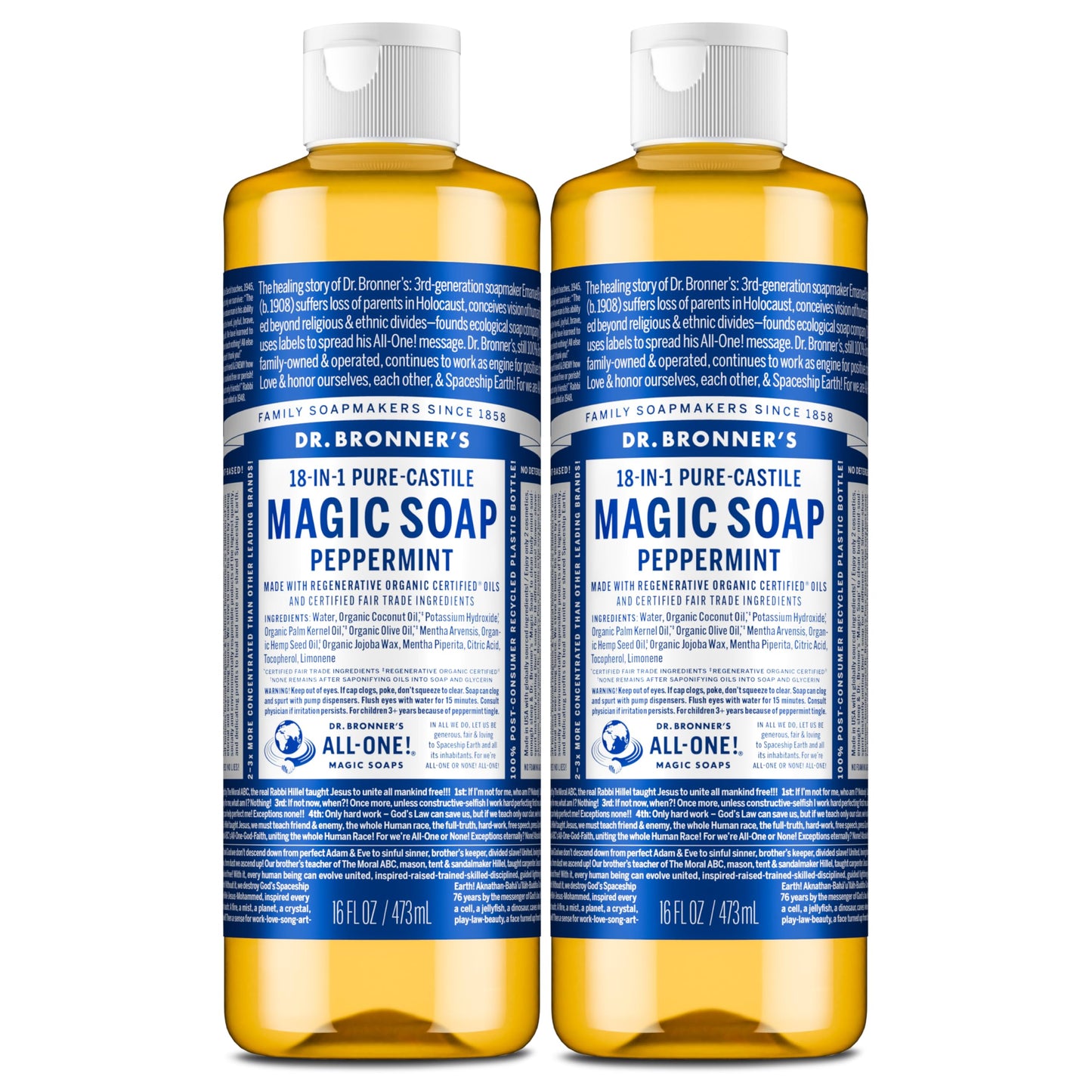 Dr. Bronner's Peppermint Pure-Castile Liquid Soap, Body Wash, 16 oz, 2-Pack