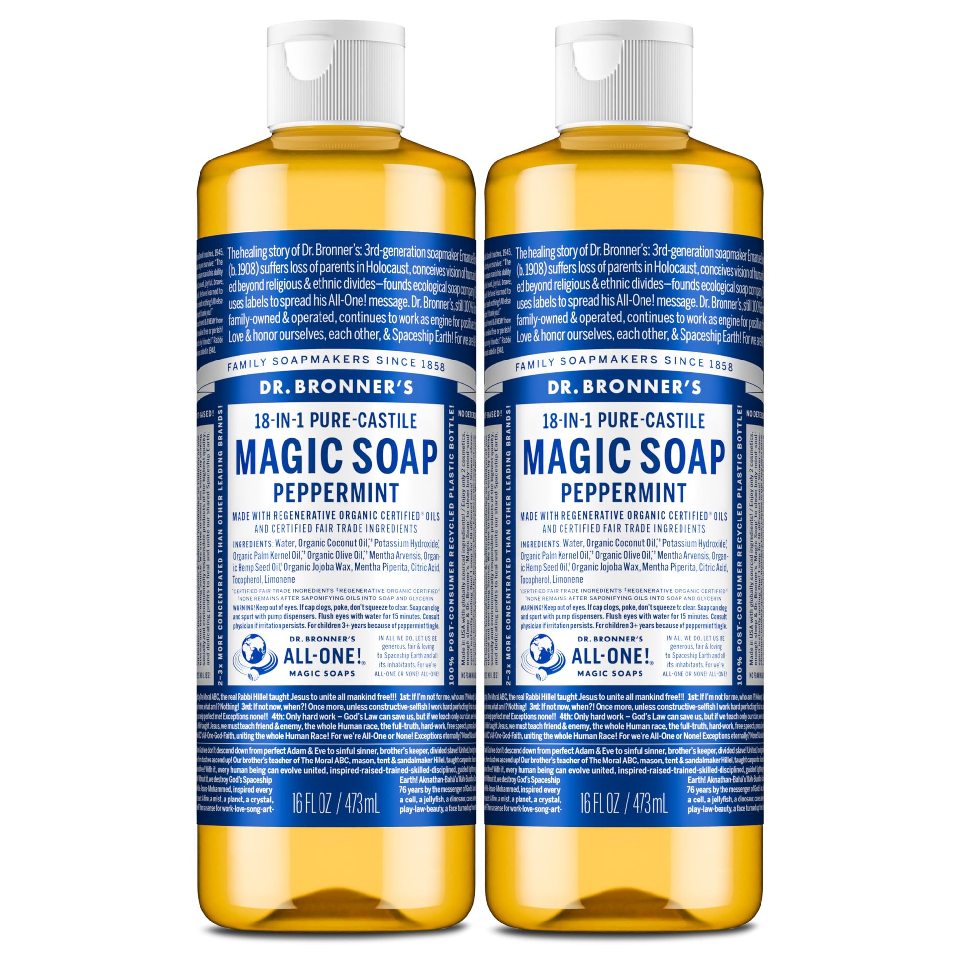 Dr. Bronner's Peppermint Pure-Castile Liquid Soap, Body Wash, 16 oz, 2-Pack