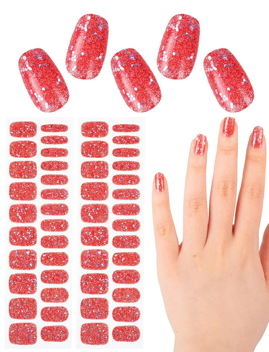 Self-Adhesive Semi Cured Gel Glitter Nail Strips No UV Light Needed, 48 Pcs Press on Color Nail