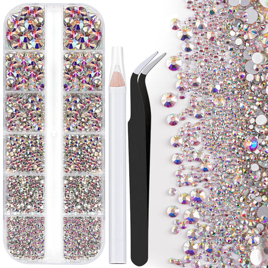 One Pack 2000 Pcs of Flatback Round AB Crystal Rhinestones 6 Sizes (1.5-6 mm) with Nail Art