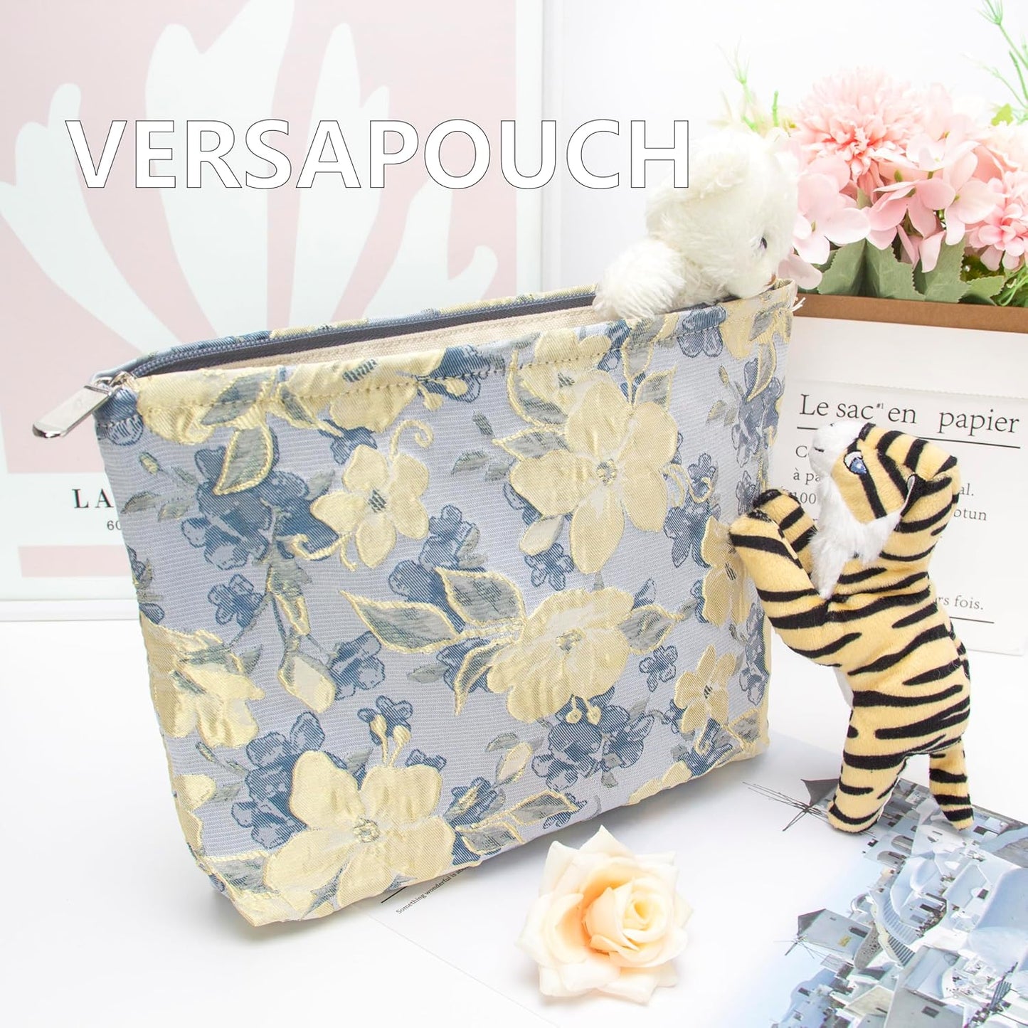 PAZIMIIK Makeup Bag Large Cotton Zipper Pouch for Purse Travel Canvas Make Up Organizer for Women Cosmetic,Brocade Blue