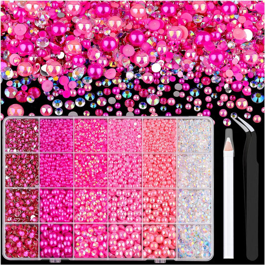 9000PCS Flatback Pearls and Rhinestones for Crafting, Dark Pink Mixed Size 3-10mm Resin Rhinestones