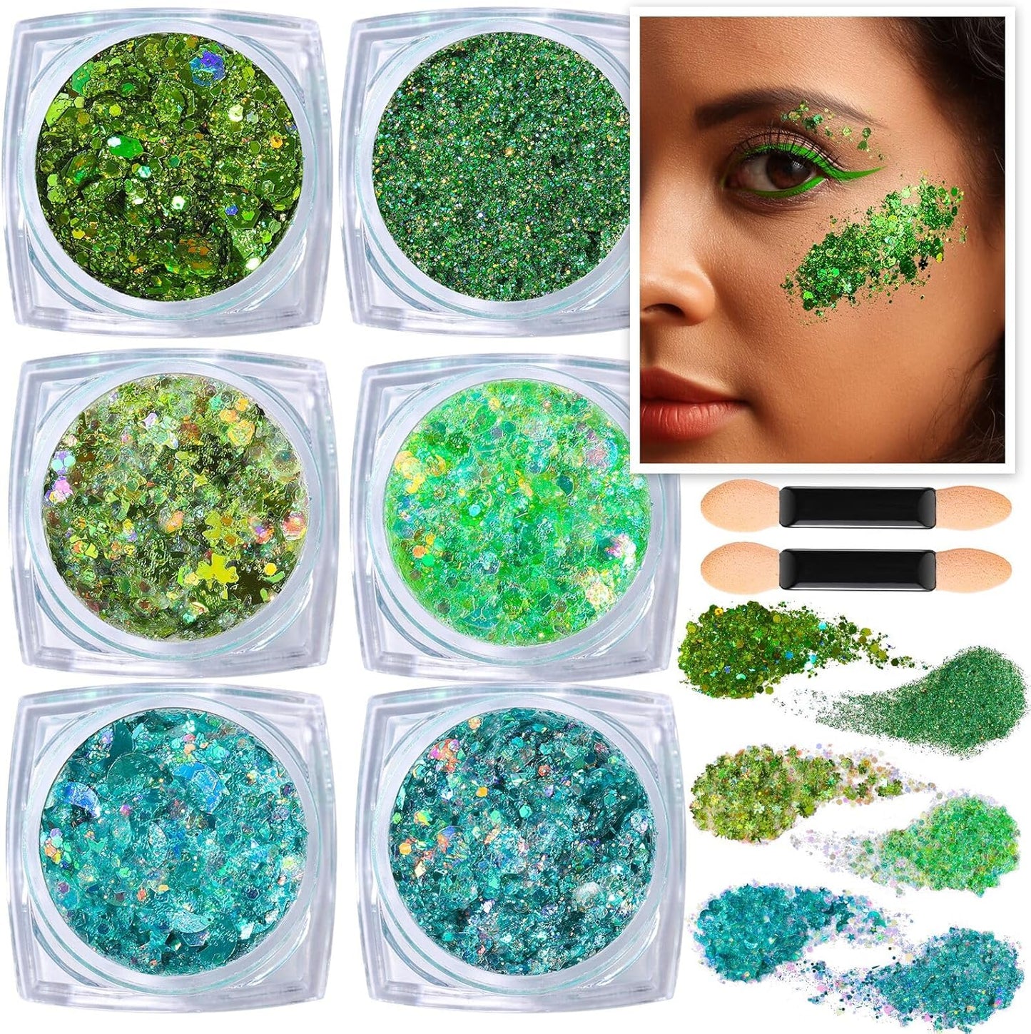 Teenitor Green Face Glitter, 6 Shapes Face and Body Glitter, Hair Glitter Gel, Body Glitter Gel for Festival Makeup, Makeup Glitter for Face, Body, Hair