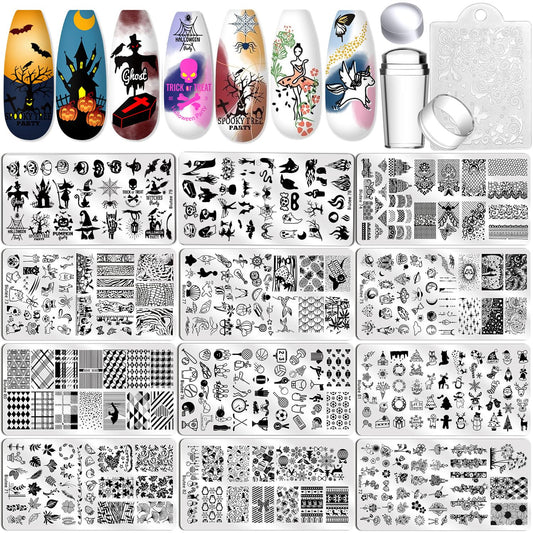 Biutee Nail Stamping Plate Set 12Pcs Nail Art Stamping Plates Nail Stamping Kit Nail Stamper Kit Flower Leaves Animal Lace Star Halloween Christmas Design Nail Stamp Plate