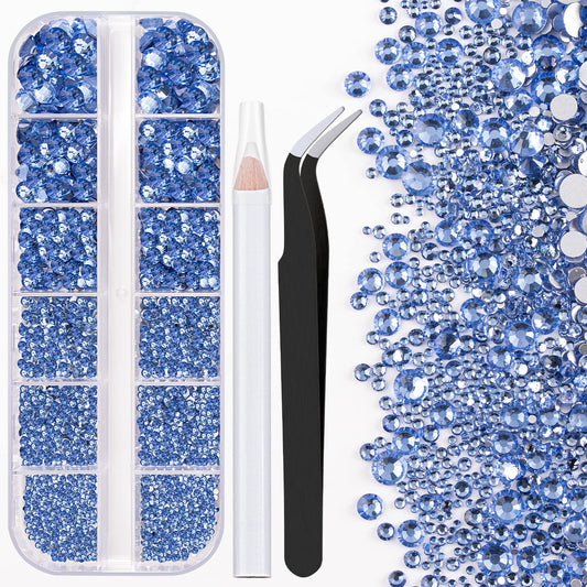 One Pack 2000 Pcs of Flatback Round Sky Blue Rhinestones 6 Sizes (1.5-6 mm) with Nail Art