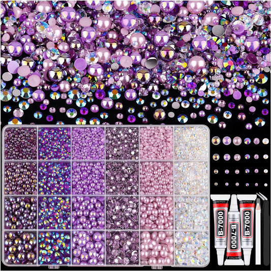 9000PCS Flatback Pearls and Rhinestones for Crafting, Purple 3-10mm Resin Rhinestones and Half