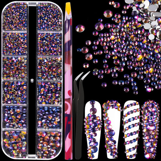 6 Sizes Iridescent Blue Glass Crystal Kit with Pickup Pen + Tweezer Tools for Shine Nail Art