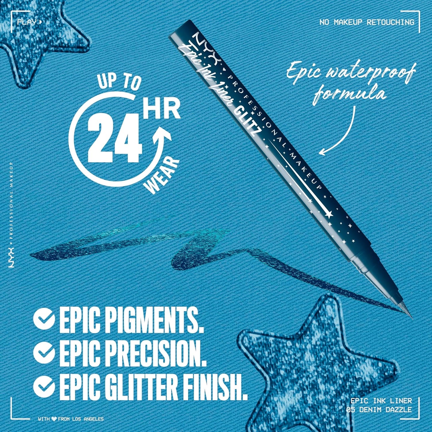 NYX PROFESSIONAL MAKEUP Epic Ink Glitz Liner, Waterproof Metallic Liquid Eyeliner with Vegan Formula - Denim Dazzle (Shimmer Deep Navy)