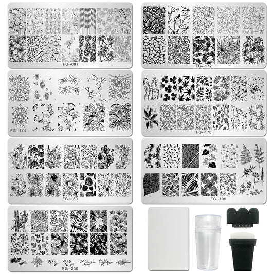 AddFavor Nail Stamper Kit - 7pcs Flower Leaves Stamping Plate with Silicone Stamper and Scraper