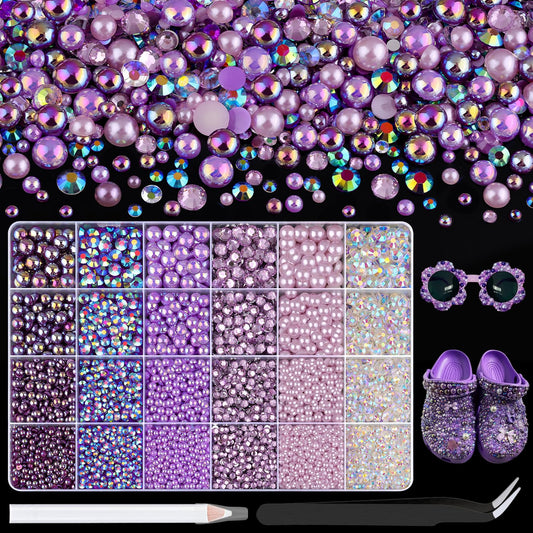 9000Pcs Flatback Pearls and Rhinestones for Crafting, Purple Series Mixed Size 3-8mm Resin