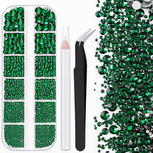One Pack 2000 Pcs of Flatback Round Dark Green Rhinestones 6 Sizes (1.5-6 mm) with Nail Art