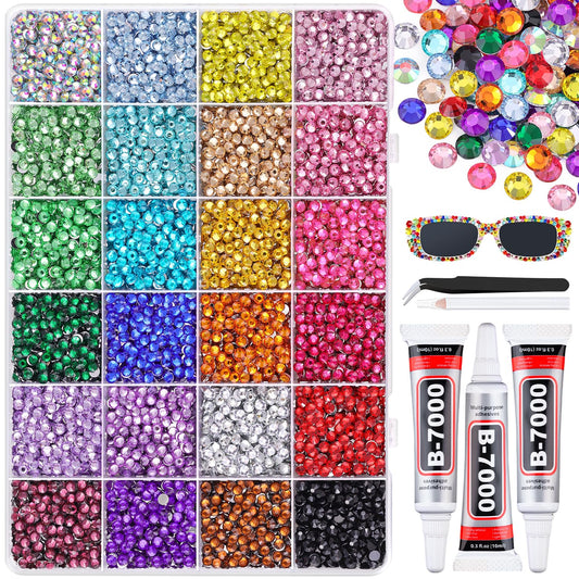 12600Pcs Resin Rhinestones for Bedazzling with 3Pcs B7000 Jewelry Glue, Multicolor 4mm Flatback Gems Rhinestones for Crafting, Clothing Tumblers Mugs Shoes Fabric Decor Nail Art