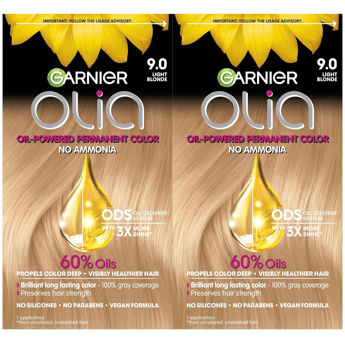 Garnier Hair Color Olia Ammonia-Free Brilliant Color Oil-Rich Permanent Hair Dye, 9.0 Light Blonde, 2 Count (Packaging May Vary)