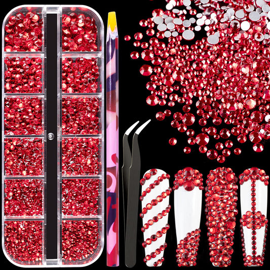 6 Sizes Red Glass Crystal Kit with Pickup Pen + Tweezer Tools for Shine Nail Art Manicure Makeup
