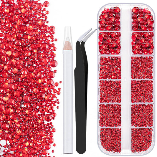 One Pack 2000 Pcs of Flatback Round Red Rhinestones 6 Sizes (1.5-6 mm) with Nail Art Rhinestone