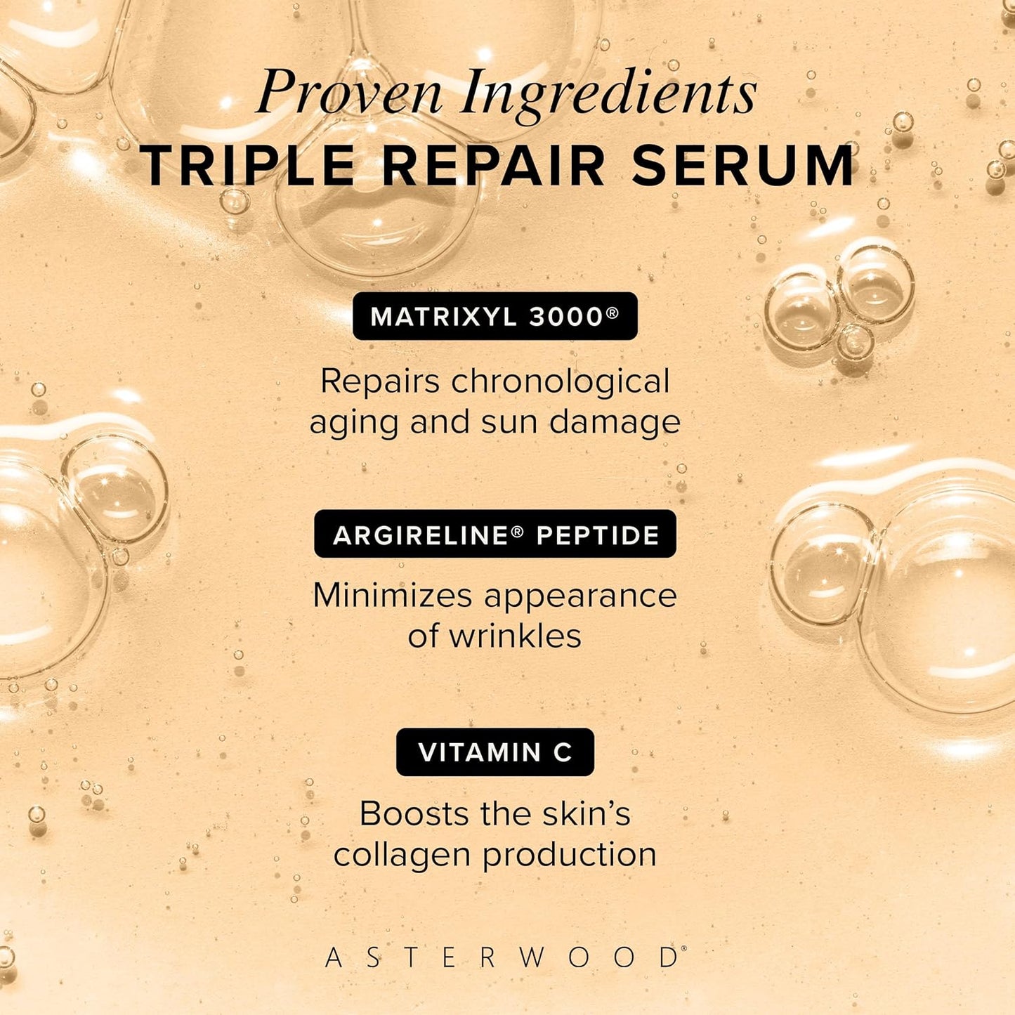 Asterwood Triple Repair Matrixyl 3000 + Argireline + Hyaluronic Acid + Vitamin C Serum for Face - Anti-Aging, Collagen Boosting, Hydrating - Fragrance-Free - 1 Fl Oz