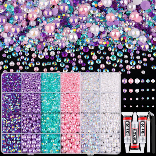 9000PCS Flatback Pearls and Rhinestones for Crafting, Pink Purple 3-10mm Resin Rhinestones and Half