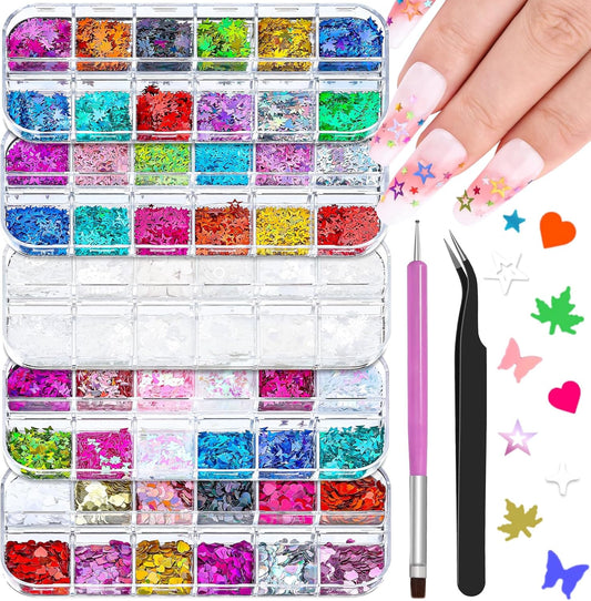 5 Boxes 60 Colors Holographic Nail Art Sequins Kit, Iridescent Sparkle Laser Hollow 3D Star Butterfly Heart Round Mixed-shapes Nail Glitter Flakes for Manicure Body Makeup Craft DIY (1-colorful-kit1)