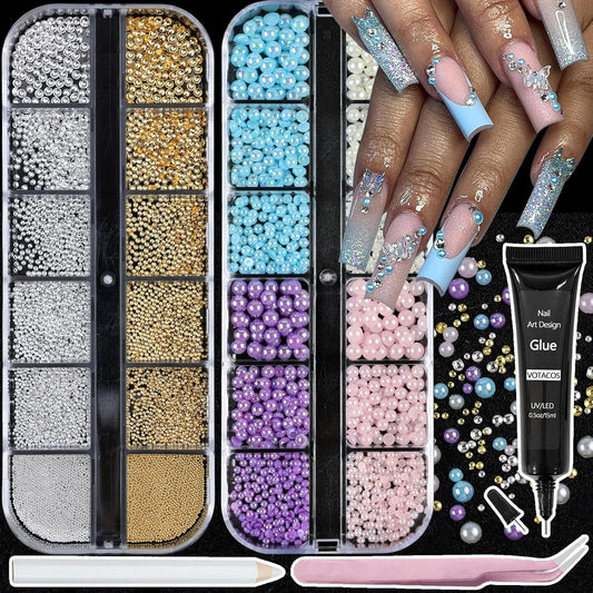 Nail Art Pearls with Glue Gel Flatback Pink Purple 4 Colors Nail Charms Pearls Mixed Size