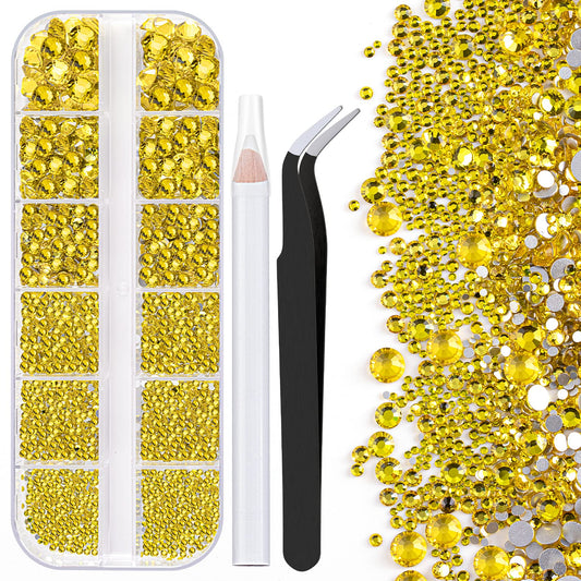 One Pack 2000 Pcs of Flatback Round Lemon Yellow Rhinestones 6 Sizes (1.5-6 mm) with Nail Art