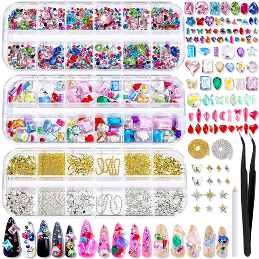 FANDAMEI Nail Gems, 3-Box Colorful Nail Rhinestones Nail Charms and Gems, 3D Rainbow Crystal Nail