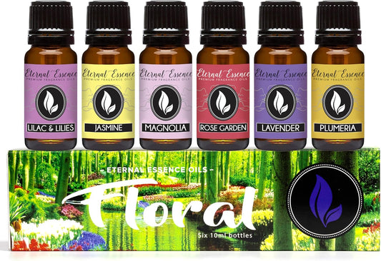 Eternal Essence Oils Floral Set of 6 Premium Fragrance Oils - Lavender, Lilac Lillies, Jasmine, Plumeria, Rose Garden, Magnolia Scented Oil - for Diffusers, Candle & Soap Making, & Aromatherapy
