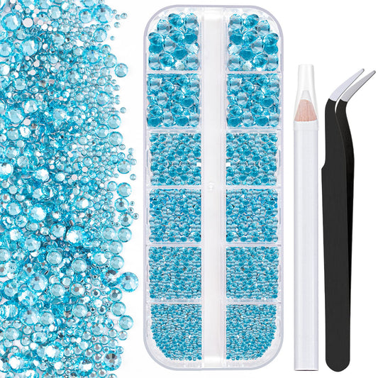 One Pack 2000 Pcs of Flatback Round Lake Blue Rhinestones 6 Sizes (1.5-6 mm) with Nail Art