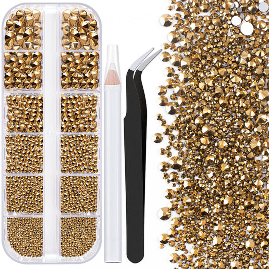 One Pack 2000 Pcs of Flatback Round Mineral Gold Rhinestones 6 Sizes (1.5-6 mm) with Nail Art